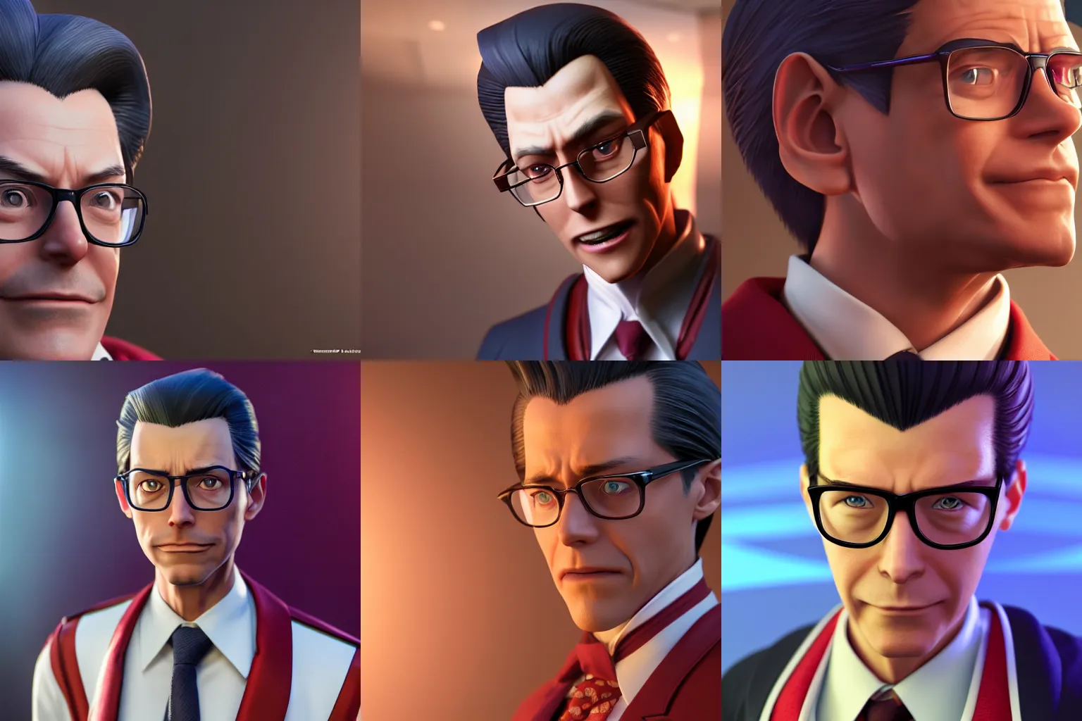 Prompt: incredibly realistic, too detailed face of ace attorney miles edgeworth with glasses, octane render, bump mapping, macro image, global illumination, 8 k, bokeh, enki bilal, yuji himukai, jen zee, mohrbacher