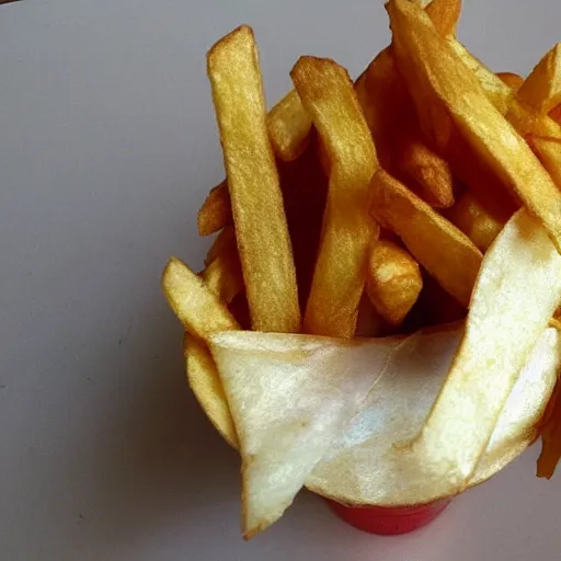 Image similar to photo of [ a single french fry chip ] shaped into stephen fry as a hybrid intercross mix