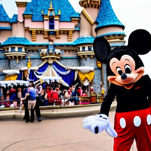 Image similar to mickey mouse gangster attacking tourist in disneyland