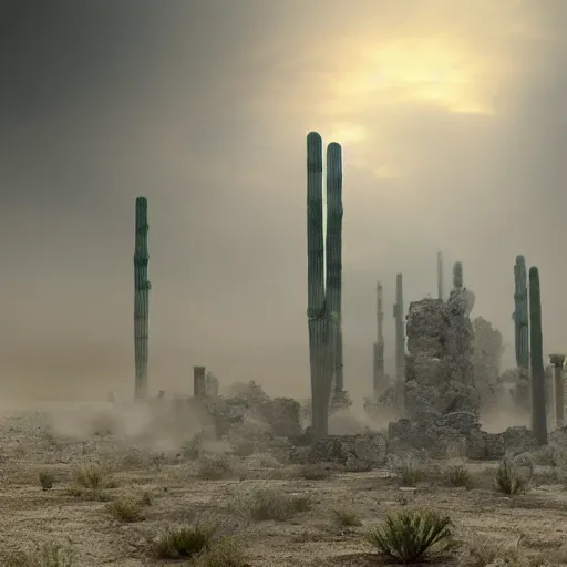 Prompt: smoke monster coming out of the ground, thick swirling smoke, mist, dramatic lighting, Byzantine ruins, desert, cinematic, trending on artstation