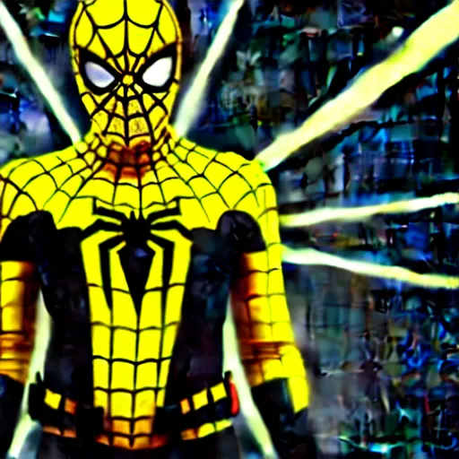 Prompt: black and yellow futuristic depiction of spiderman, large eyes, white webbing, movie still from star wars