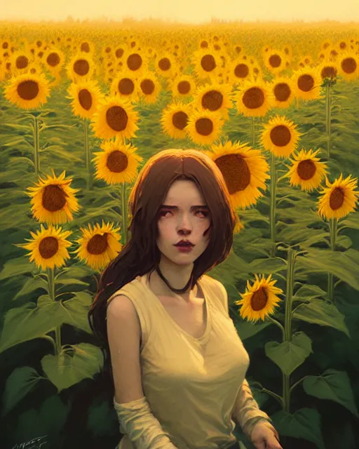 Image similar to cottagecore hyper - realistic portrait of a woman, sunflowers, by atey ghailan, by greg rutkowski, by greg tocchini, by james gilleard, by joe fenton, by kaethe butcher, dynamic lighting, gradient light yellow, brown, blonde cream and white color scheme, grunge aesthetic