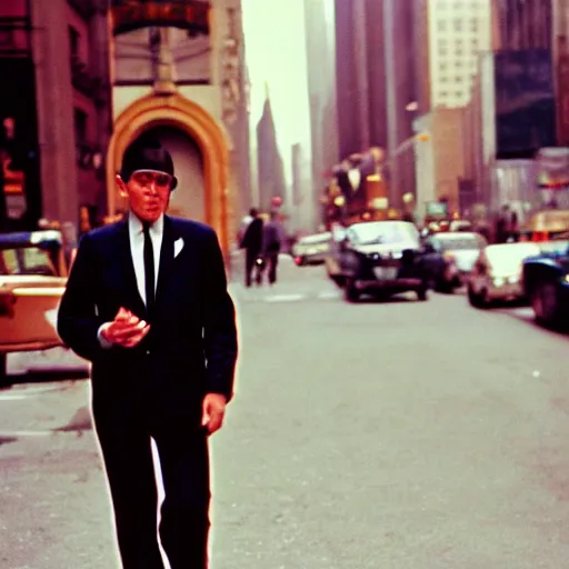 Image similar to portrait of a man walking in a suit in the streets of new york, 1 9 6 0 s, street photography taken with ektachrome, featured on flickr, photographed on expired film