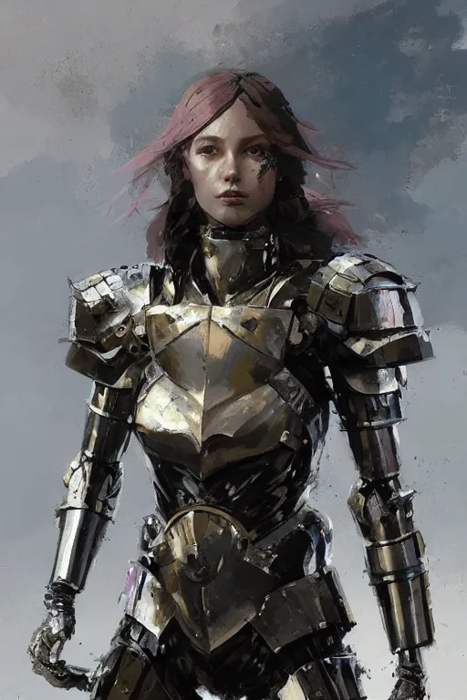 Prompt: epic pretty young girl portrait in armour made out of strongest metal gear by greg rutkowski and craig mullins