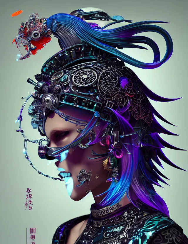 Image similar to 3 d goddess close - up profile portrait cyberpunk with ram skull. beautiful intricately detailed japanese crow kitsune mask and clasical japanese kimono. betta fish, jellyfish phoenix, bio luminescent, plasma, ice, water, wind, creature, artwork by tooth wu and wlop and beeple and greg rutkowski