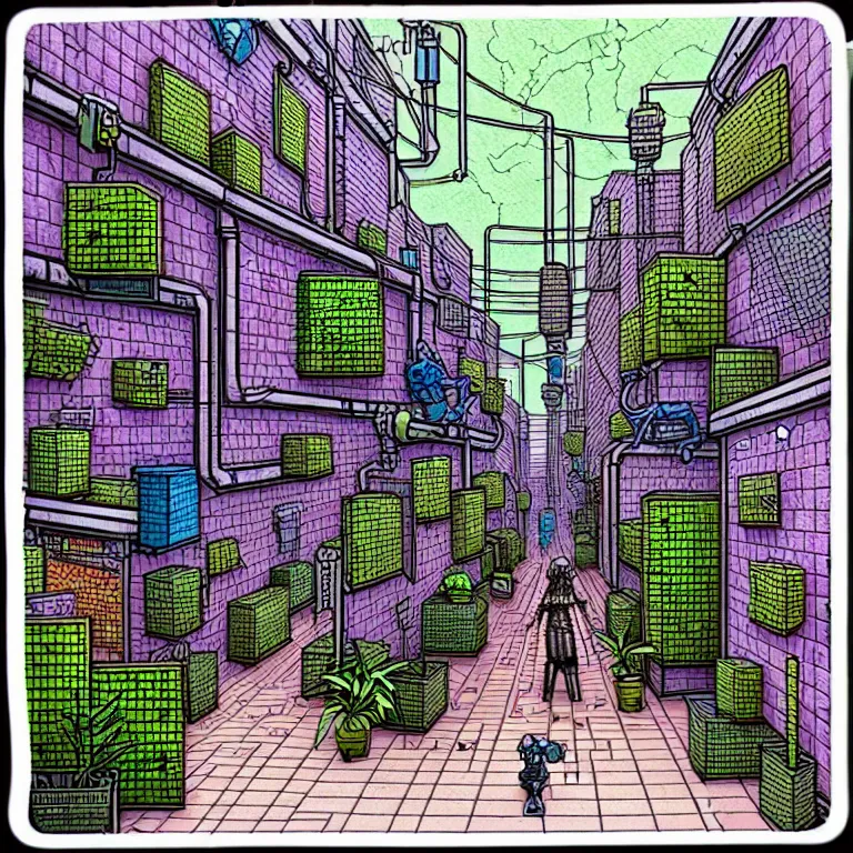 Prompt: an absurdly-detailed cyberpunk alleyway colored-pen drawing as a fancy square tile. Cats and Robots and Potted-Plants.