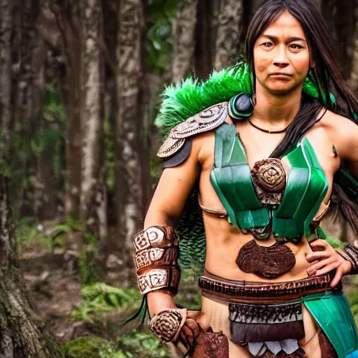 Image similar to long shot photo of a female amazon warrior with malachite armour, 4k