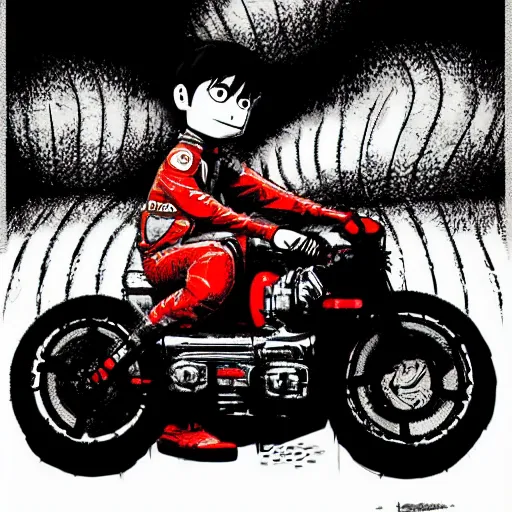 Image similar to illustration of cookie monster riding kaneda's motorcycle from akira by ilya kuvshinov katsuhiro otomo