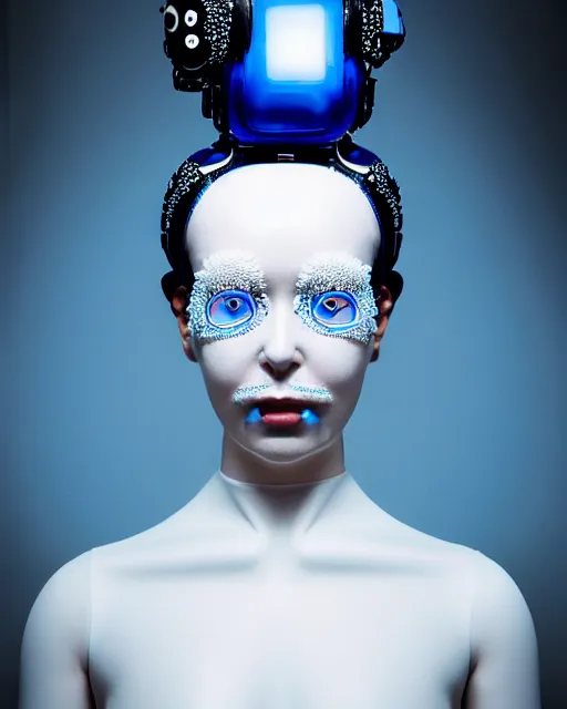 Image similar to symmetrical portrait of a woman wearing white silicone embroidered beauty mask and blue hair buns, wearing a black bodysuit by alexander mcqueen, cream white background, soft light, biotechnology, humanoide robot, bjork aesthetic, translucent, by rineke dijkstra, intricate details, highly detailed, masterpiece,