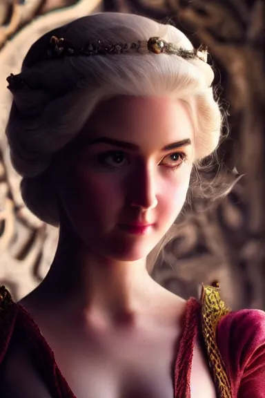 Image similar to very very intricate photorealistic photo of a realistic human version of princess peach in an episode of game of thrones, photo is in focus with detailed atmospheric lighting, award - winning details