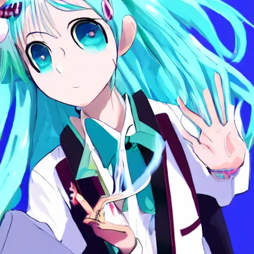 Image similar to hatsune miku smoking a vape pen in her right hand and holding up a peace sign in her left hand | smoke coming out of her mouth,