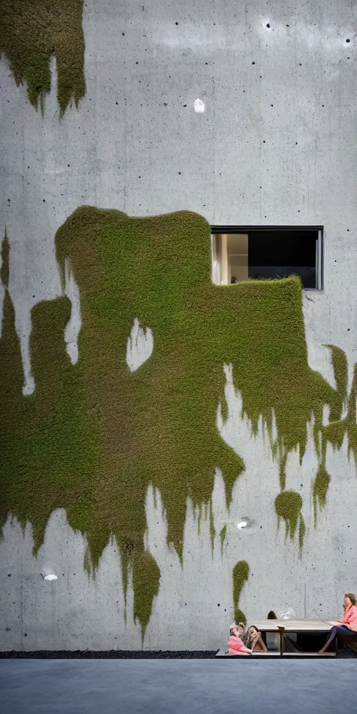 Prompt: a night photo of a minimalist contemporary house with large, bright windows. A family is eating dinner at the dining room table. The mossy and weathered concrete has been eroded by millions of years of wind and water. Geological strata of rust and sand colors. The erosion has created thousands of small cracks and holes filled with moss. The concrete has large holes and deep crevices that glow warmly in the night air. Moss is growing in the hundreds of eroded crevices.