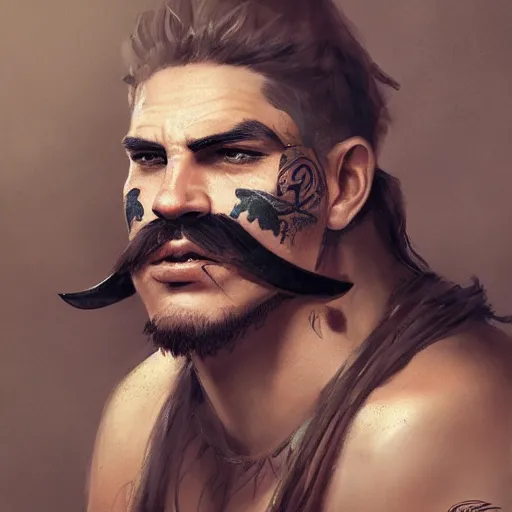 Image similar to portrait barbarian with face tattoo and trucker mustache, 8 k, trending on art station, by tooth wu and greg rutkowski