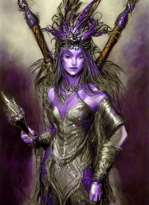 Image similar to portrait of young female prophetess of the endtimes, transluscent skin, silver filigreed armor, lavender hair, beautiful! coherent! dungeons and dragons character, by brian froud, strong line, cool night color, high contrast