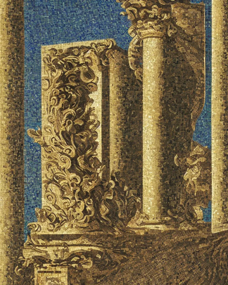 Image similar to achingly beautiful painting of intricate ancient roman corinthian capital on radiant mosaic background by rene magritte, monet, and turner. giovanni battista piranesi.