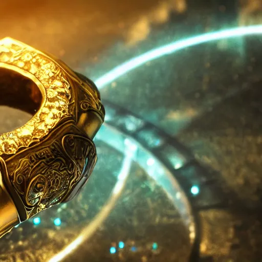 Image similar to a fantasy ring, blue glow, realistic reflections, intricate details, cinematic lighting, depth of field, octane render