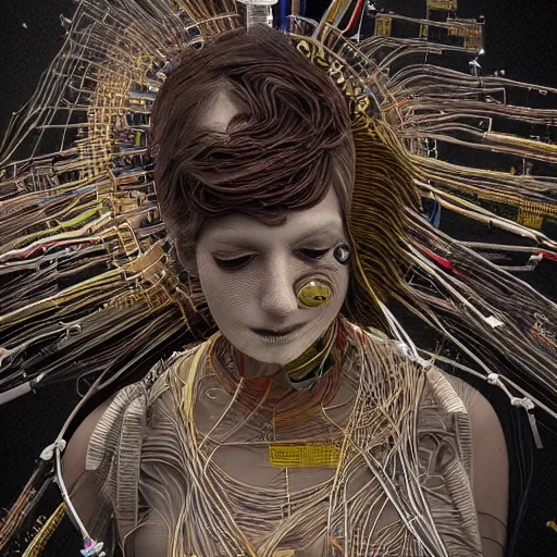 Image similar to tapping in to something greater, piles of modular synth cables, goddess laying down wearing a headpiece made of circuit boards, by cameron gray, wlop, stanley kubrick, masamune, hideki anno, unique perspective, trending on artstation, 3 d render, vivid