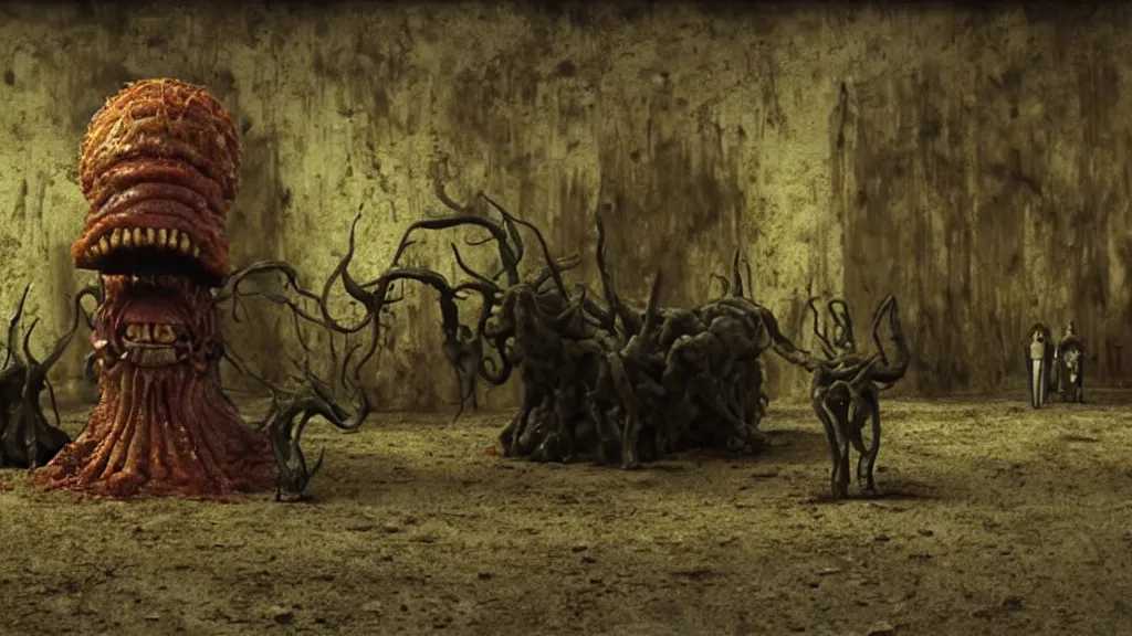 Image similar to the strange creature at the fast food place, made of oil they scare my family, film still from the movie directed by denis villeneuve and david cronenberg with art direction by salvador dali and zdzisław beksinski, extreme wide shot