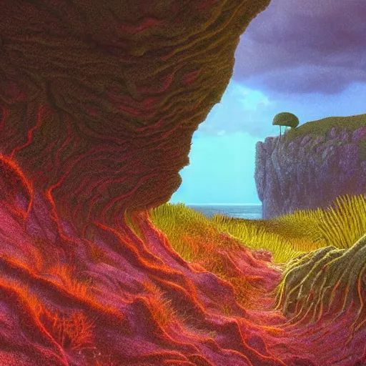 Image similar to artistic digital artwork of a lush natural scene on an alien planet. beautiful landscape by lurid ( 2 0 2 2 ), michael whelan and remedios varo. weird vegetation. cliffs and water. grainy and rough. interesting pastel colour palette. beautiful light. oil and water colour based on high quality render.