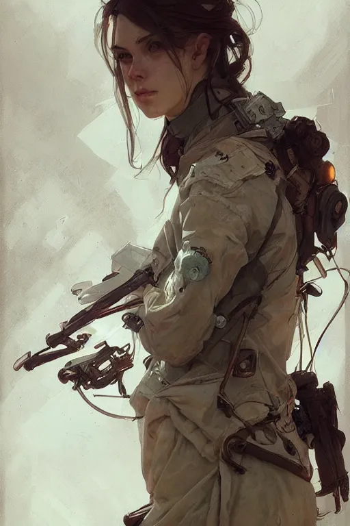 Prompt: A full portrait of a beautiful post apocalyptic offworld medic, intricate, elegant, highly detailed, digital painting, artstation, concept art, smooth, sharp focus, illustration, art by Krenz Cushart and Artem Demura and alphonse mucha