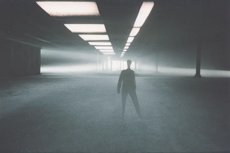Prompt: shadowed figure with a low glow, inside of an badly lit 1970s parking garage, ektachrome photograph, volumetric lighting, f8 aperture, cinematic Eastman 5384 film