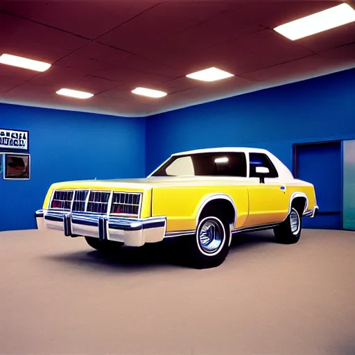 Image similar to 1979 Ford Thunderbird Bronco, inside of an auto dealership, ektachrome photograph, volumetric lighting, f8 aperture, cinematic Eastman 5384 film