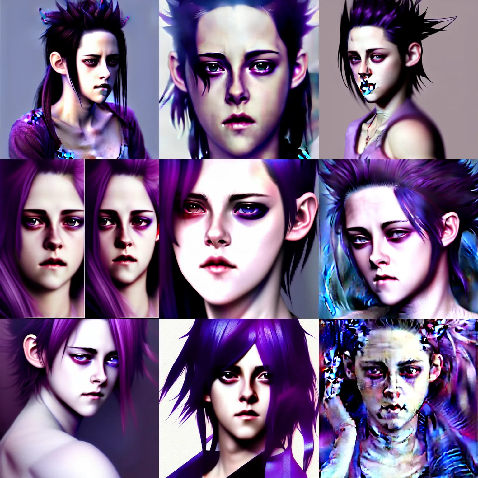 Prompt: Anime portrait of Kristen Stewart with deep-purple skin, detailed, photorealistic digital art, style by Ruan Jia and Fenghua Zhong