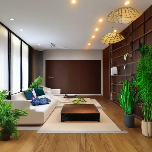 Prompt: house interior concept design modern minimalist wood paneling vibrant colors plants highly realistic high quality