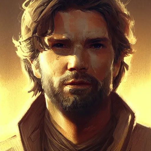 Image similar to portrait of a man by greg rutkowski, cade skywalker, messy blond hair, beard, tall and muscular, star wars expanded universe, he is about 3 0 years old, wearing a flying jacket, highly detailed portrait, digital painting, artstation, concept art, smooth, sharp foccus ilustration, artstation hq