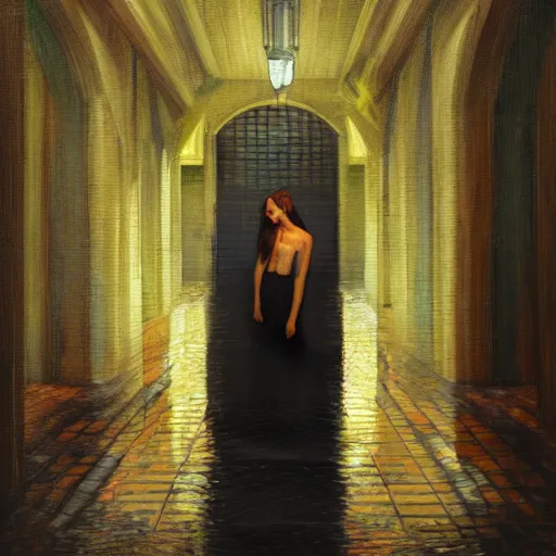 Image similar to beautiful woman, courtyard, capital, cybermosque interior, control panel, watcher, omniscient, tech noir, wet reflections, impressionism, matte painting, speed painting, chiaroscuro, oil on canvas