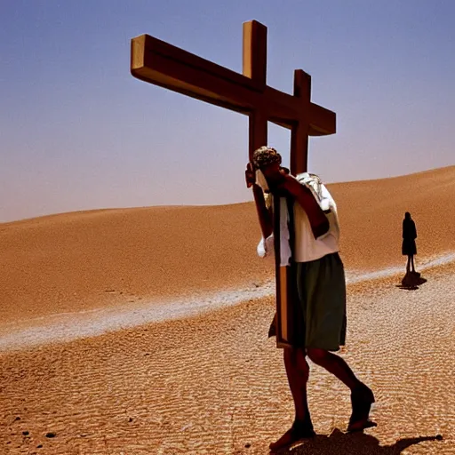 Image similar to paparazzi following around jesus christ while he is carrying a cross in the desert, 8 k photography,