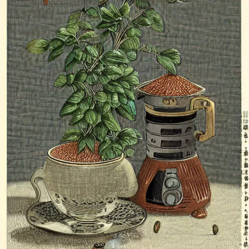 Prompt: Japanese illustration of an Italian coffee maker, surrounded by coffee seeds and plants in a beautiful environment, extreme detail