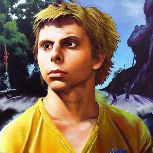 Prompt: michael cera as ken masters from street fighter, painting by frank frazetta, 4 k, ultra realistic, highly detailed,