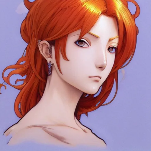 Prompt: intricately detailed vfx portrait of nami from one piece by eiichiro oda, makoto shinkai, alphonse mucha, art by artgerm and greg rutkowski, best of behance, concept art, matte, sharp focus, opulent, orange hair, elegant, adolphe bouguereau, annie leibovitz, stanley kubrick,