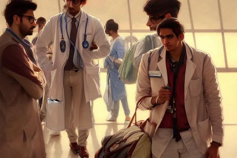 Prompt: Depressed good looking pale young Indian doctors wearing American clothes chatting at the airport, portrait, elegant, intricate, digital painting, artstation, concept art, smooth, sharp focus, illustration, art by artgerm and greg rutkowski and alphonse mucha