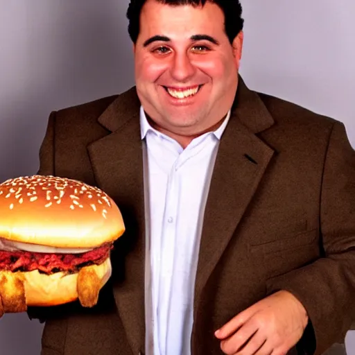 Image similar to clean - shaven smiling white chubby italian american man in his 4 0 s wearing a brown overcoat overcoat overcoat and necktie holding a giant burger, 2 0 0 0 avertising promo shot