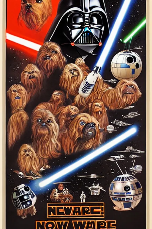 Image similar to vintage 1 9 7 7 star wars episode iv a new hope movie poster by tom jung, with pug droids, pug darth vader, and pugs instead of people