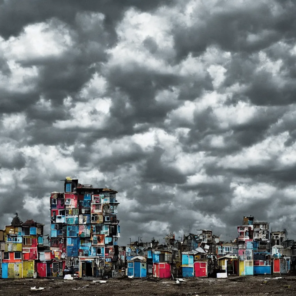 Prompt: close - up towers made up of colourful makeshift squatter shacks, bleached colours, dramatic cloudy sky, dystopia, mamiya, very detailed, ultra sharp, photographed by andy warhol