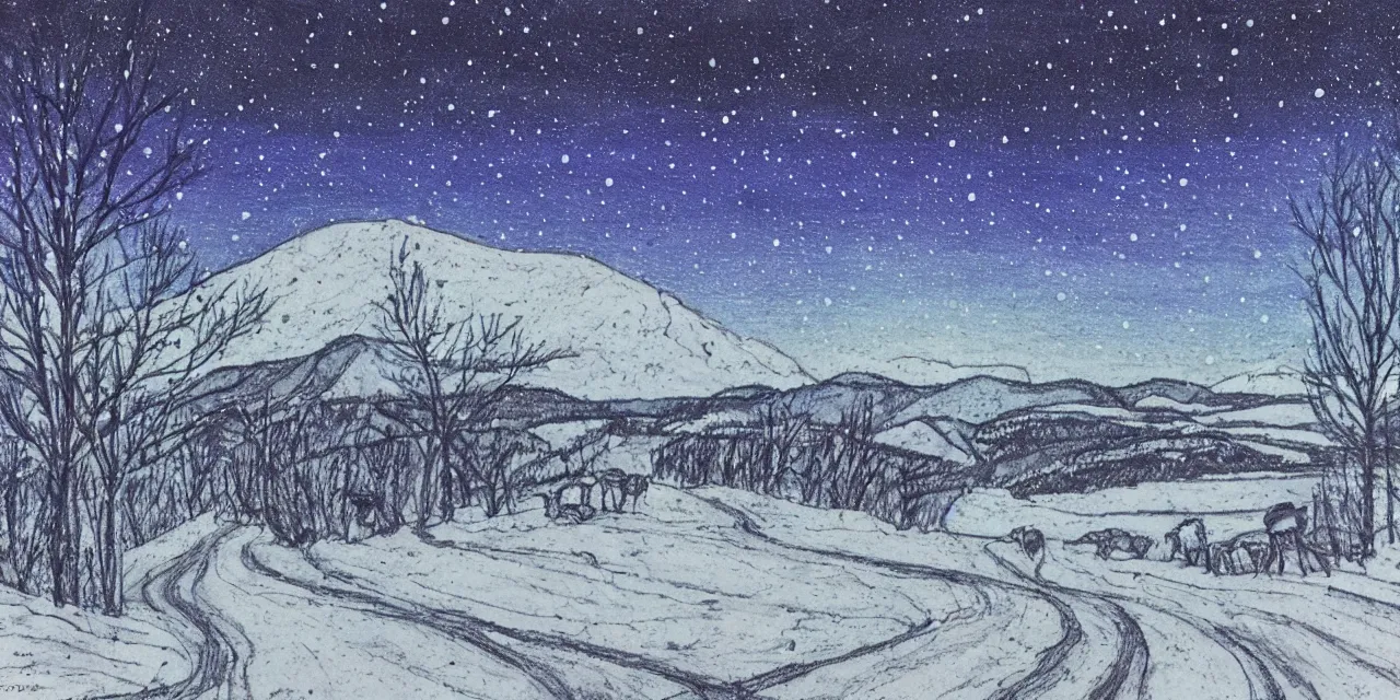 Image similar to laurentian appalachian mountains in winter, unique, original and creative landscape, lines and dots drawing, snowy night, distant town lights, aurora borealis, deers and ravens, footsteps in the snow, brilliant composition, fascinating textures