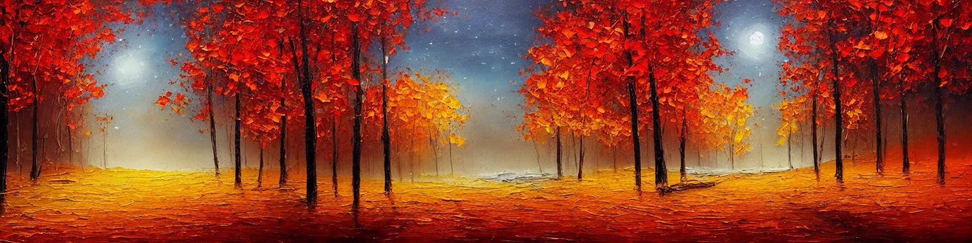 Prompt: painting of autumn landscape during night, award winning painting, beautiful, breathtaking, stunning scenery, trending on artstation, masterpiece