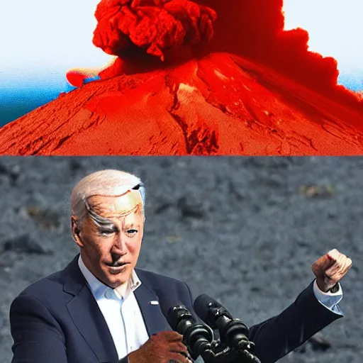 Image similar to joe biden as a volcano spewing lava out of his mouth