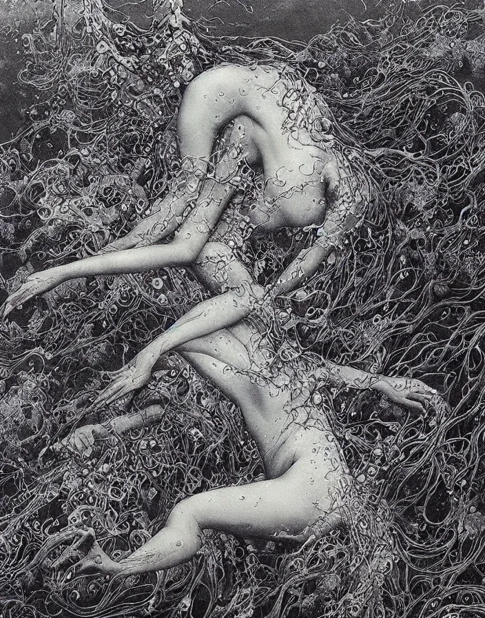 Image similar to a mermaid swimming deep underwater amongst seaweed and sea creatures, mermaid, high detailed beksinski painting, part by adrian ghenie and gerhard richter. art by takato yamamoto. masterpiece, dark and moody, deep colours, blue