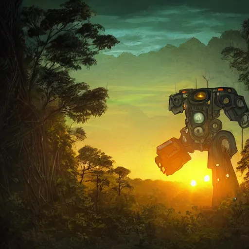 Image similar to battered down rough mecha robot with a soul looking through a balcony into the forest during a beautiful sunset, jungle mountains in the background with immense trees, highly detailed, trending on art station, flying birds in the distance