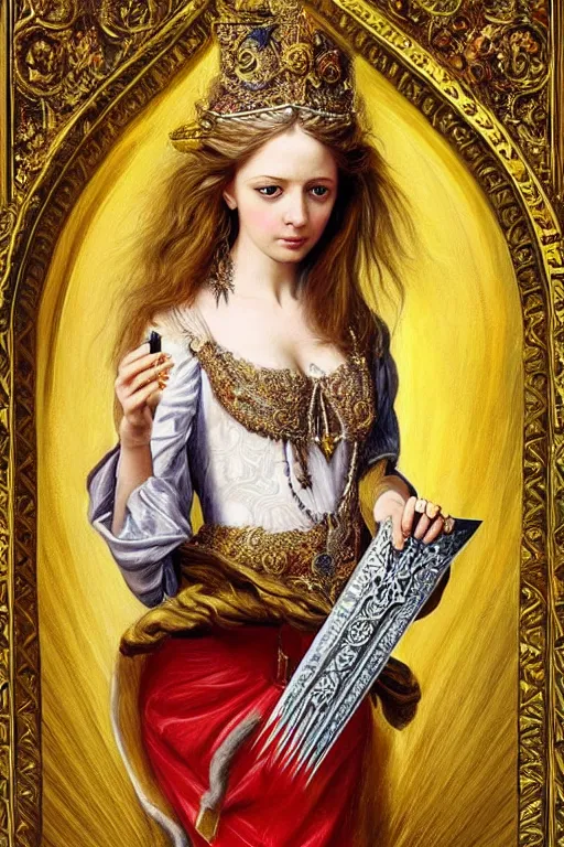 Image similar to hyper realistic painting portrait of the princess of swords, occult diagram, elaborate details, rococo, baroque, gothic, intrincate ornaments, gold decoration, caligraphy, occult art, illuminated manuscript, oil painting, art noveau