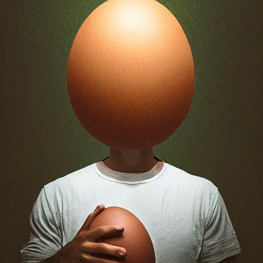 Image similar to man cries while holding giant egg sitting on the kitchen floor at night, painting, somber, moody lighting