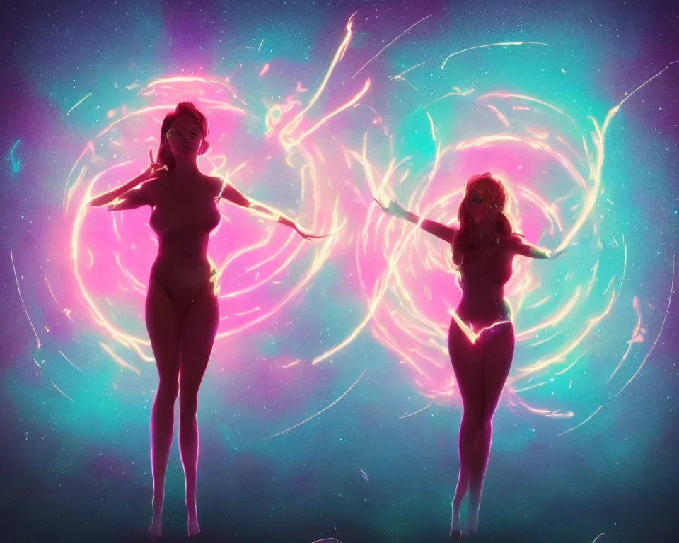 Image similar to a beautiful whimsical goddess standing on a lake basking in the moonlight, firebending, underneath a multi-colored binary blackhole with an accretion disc, glowing trails following her arms, wearing professional makeup, synthwave, by Lois van Baarle, by Greg Rutkowski, by artgerm, by beeple, by studio ghibli, cinematic angle, volumetric lighting, 4k resolution, octane render, trending on artstation, masterpiece