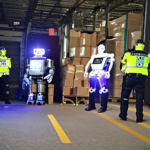 Prompt: robot ravers defending a warehouse from the police