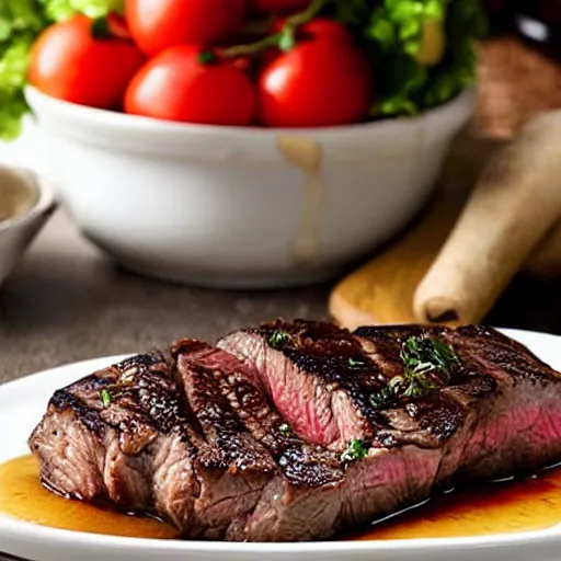 Prompt: a delicious steak, with a side of mashed potatoes, cookbook photo, good composition