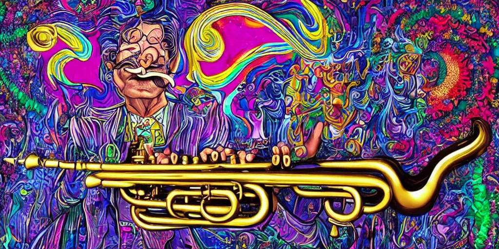 Prompt: highly detailed digital artwork of a psychedelic dingoman with a salvador dali mustache. he is playing the trumpet.