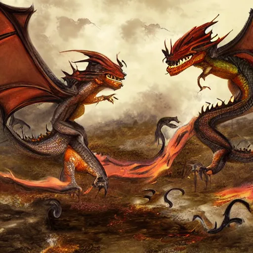 Prompt: dragons fighting over a destroyed village, digital art